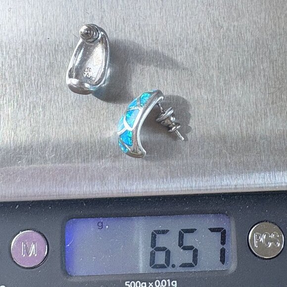 VTG Sterling Silver 925 Blue Opal Crescent Hoop Earrings Size 0.75" Length - Picture 7 of 7